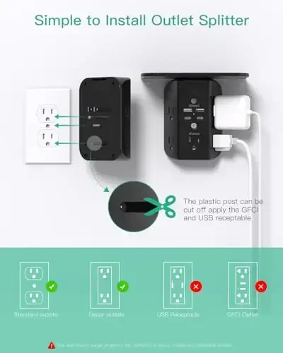 Shelf va tungi chiroqli devor rozetkasi kengaytirgichi, Surge himoyachisi, 5 ta AC rozetkali va 2 ta USB A portli 2 ta USB C portli USB devor zaryadlovchi kengligi 3 tomonli tarmoqli ko'p vilkali rozetkalar, qora - 6