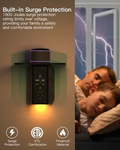 Shelf va tungi chiroqli devor rozetkasi kengaytirgichi, Surge himoyachisi, 5 ta AC rozetkali va 2 ta USB A portli 2 ta USB C portli USB devor zaryadlovchi kengligi 3 tomonli tarmoqli ko'p vilkali rozetkalar, qora - 4