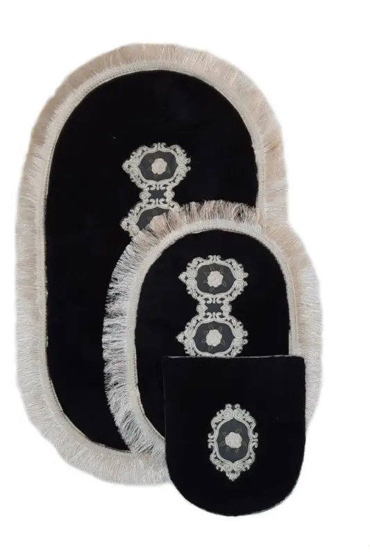 Shems Black 3-Piece Lace and Fringed Toilet Seat Cover Bathroom Rug Mat Set - Black - BONNY HOME