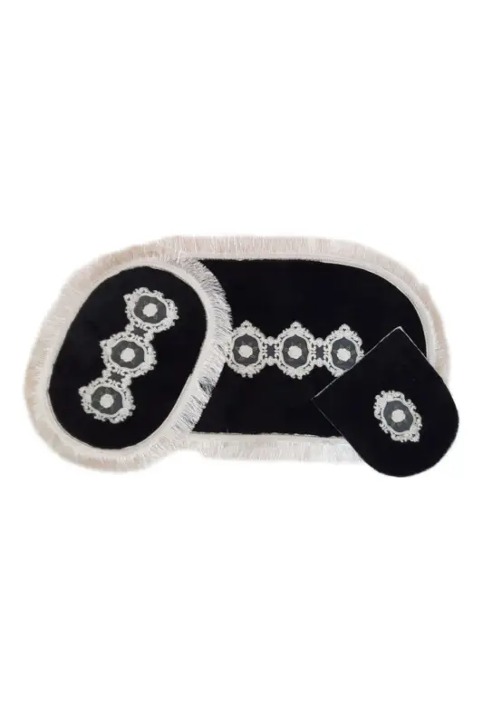 Shems Black 3-Piece Lace and Fringed Toilet Seat Cover Bathroom Rug Mat Set - Black - 2