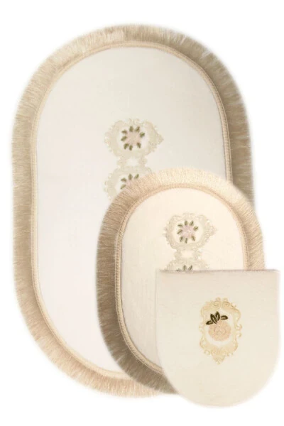 Shems Cream 3-Piece Lace and Tassel Toilet Set Bathroom Rug Mat Set - 1