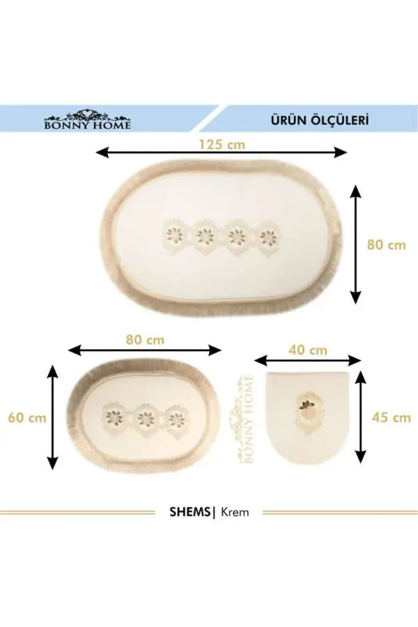 Shems Cream 3-Piece Lace and Tassel Toilet Set Bathroom Rug Mat Set - 4