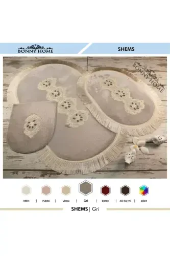 Shems Gri 3lü Dantelli ve Saçaklı Klozet Takımı Banyo Halısı Paspası Seti-Gri - BONNY HOME (1)