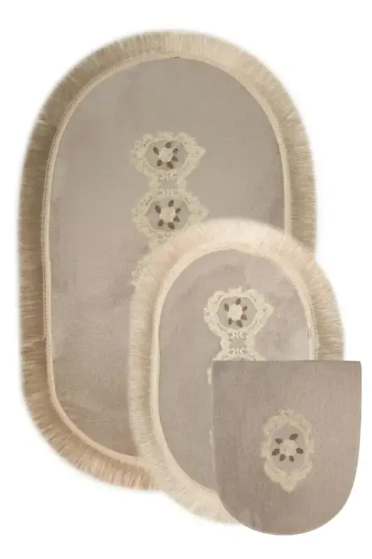 Shems Gri 3lü Dantelli ve Saçaklı Klozet Takımı Banyo Halısı Paspası Seti-Gri - BONNY HOME