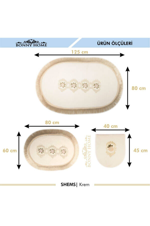 Shems Krem 3lü Dantelli Ve Saçaklı Klozet Takımı Banyo Halısı Paspası Seti - Krem - 4