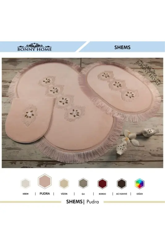 Shems Powder 3-Piece Lace and Fringed Toilet Set Bathroom Rug Mat Set-Powder - 2