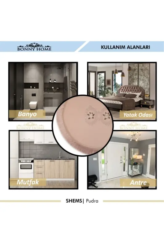 Shems Pudra 3lü Dantelli Va Sochakli Klozet Takımı Banyo Halısı Paspası Seti-Pudra - 5