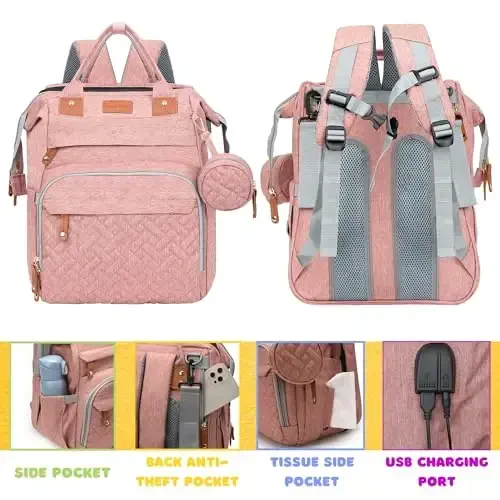 Shengmeister Diaper Bag, Baby Essentials, Multi-functional Large-capacity Diaper Bag Backpack, Best Gift for Newborns with Diaper Changing Station, Travel Essentials Diaper Bag Backpack (Pink) - 3