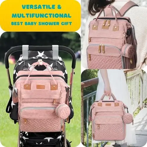 Shengmeister Diaper Bag, Baby Essentials, Multi-functional Large-capacity Diaper Bag Backpack, Best Gift for Newborns with Diaper Changing Station, Travel Essentials Diaper Bag Backpack (Pink) - 6