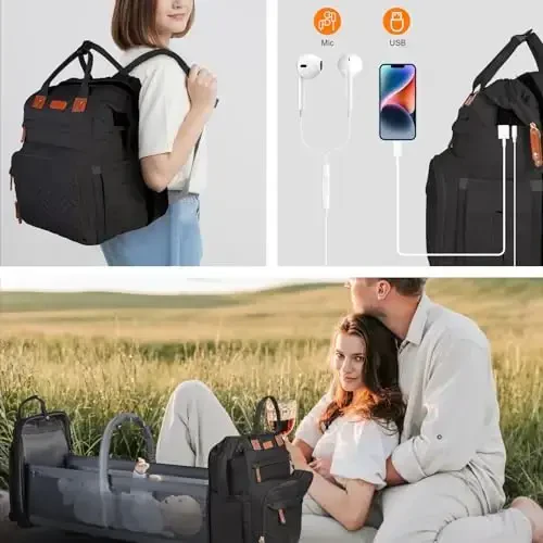 Shengmeister Diaper Bag Backpack, with Changing Table Backpack, 900D Oxford Cloth, Large Capacity Diaper Backpack, 3 in 1 Multifunctional Travel Baby Diaper Backpack (Large Black) - 6