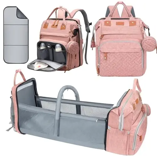 Shengmeister Diaper Bag, Baby Essentials, Multi-functional Large-capacity Diaper Bag Backpack, Best Gift for Newborns with Diaper Changing Station, Travel Essentials Diaper Bag Backpack (Pink) 