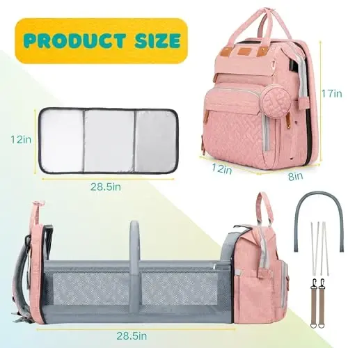 Shengmeister Diaper Bag, Baby Essentials, Multi-functional Large-capacity Diaper Bag Backpack, Best Gift for Newborns with Diaper Changing Station, Travel Essentials Diaper Bag Backpack (Pink) - 4