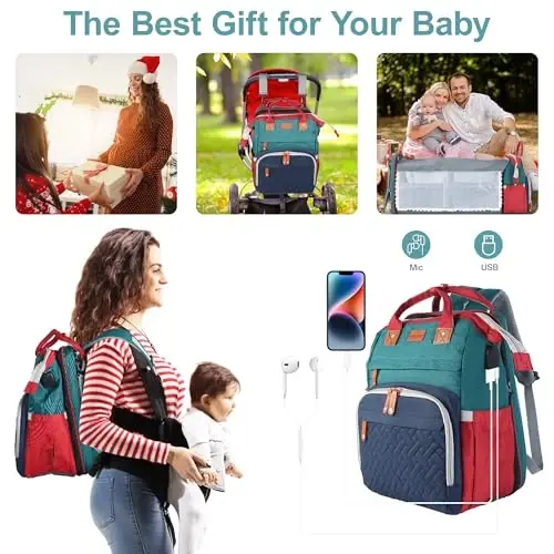 Shengmeister Diaper Bag Backpack, Baby Diaper Bag, Multifunctional Large Capacity, with Diaper Changing Station, Travel Diaper Bag Backpack (Blue-Green) 