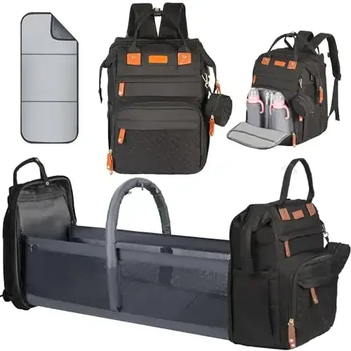 Shengmeister Diaper Bag Backpack, with Changing Table Backpack, 900D Oxford Cloth, Large Capacity Diaper Backpack, 3 in 1 Multifunctional Travel Baby Diaper Backpack (Large Black) - 1