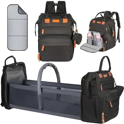 Shengmeister Diaper Bag Backpack, with Changing Table Backpack, 900D Oxford Cloth, Large Capacity Diaper Backpack, 3 in 1 Multifunctional Travel Baby Diaper Backpack (Large Black) - 1