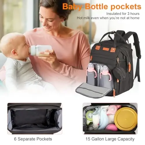 Shengmeister Diaper Bag Backpack, with Changing Table Backpack, 900D Oxford Cloth, Large Capacity Diaper Backpack, 3 in 1 Multifunctional Travel Baby Diaper Backpack (Large Black) - 2