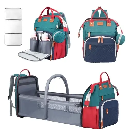 Shengmeister Diaper Bag Ryukzagi, Chaqaloqlar uchun Diaper Sumkasi, Ko'p Funktsiyali Katta Hajmli, Diaper Almashtirish Stantsiyasi bilan, Sayohat Diaper Ryukzagi (Moviy-Yashil) - 1