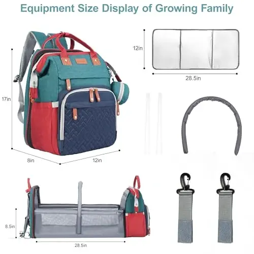 Shengmeister Diaper Bag Ryukzagi, Chaqaloqlar uchun Diaper Sumkasi, Ko'p Funktsiyali Katta Hajmli, Diaper Almashtirish Stantsiyasi bilan, Sayohat Diaper Ryukzagi (Moviy-Yashil) - 4