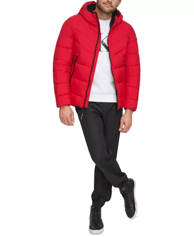 Men's Chevron Stretch Jacket With Sherpa Lined Hood - Deep Red - 3