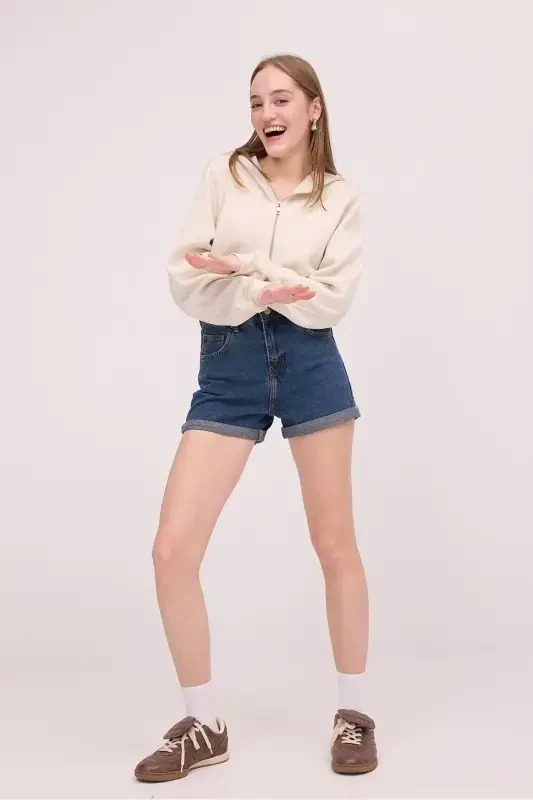 Sherpa Lined Hoodie Crop Sweatshirt H1526-I9-BEJ - 1