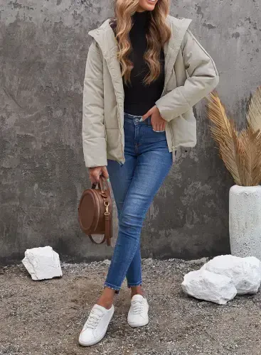 SHEWIN Ayollar uchun to'liq fermuarlı kapüşonlu puffer kurtka cho'ntakli kalta palto Petite - 4