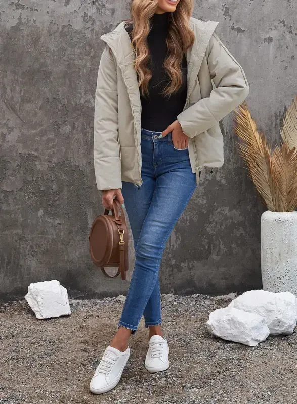 SHEWIN Womens Full Zipper Hooded Puffer Jacket Short Coat with Pockets Petite- - 4