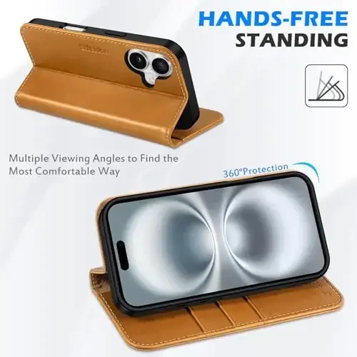 SHIELDON Case for iPhone 16 2024, Genuine Leather Magnetic Folio Wallet [RFID Blocking Credit Card Slots] Kickstand Shockproof Soft Phone Holder Case Compatible with iPhone 16 6.1