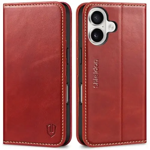 SHIELDON Case for iPhone 16 5G 2024, Genuine Leather Foldable Wallet Case Magnetic Closure Kickstand RFID Blocking Card Holder Shock-Absorbent Phone Cover Compatible with iPhone 16 6.1