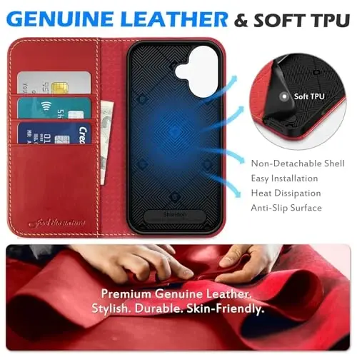 SHIELDON Case for iPhone 16 5G 2024, Genuine Leather Foldable Wallet Case Magnetic Closure Kickstand RFID Blocking Card Holder Shock-Absorbent Phone Cover Compatible with iPhone 16 6.1