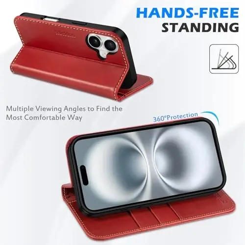 SHIELDON Case for iPhone 16 5G 2024, Genuine Leather Foldable Wallet Case Magnetic Closure Kickstand RFID Blocking Card Holder Shock-Absorbent Phone Cover Compatible with iPhone 16 6.1