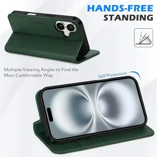 SHIELDON Case for iPhone 16 5G 2024, Genuine Leather Wallet Flip RFID Blocking Card Slot Kickstand Magnetic Shockproof TPU Phone Holder Case Compatible with iPhone 16 6.1