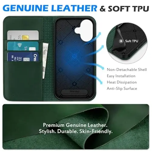 SHIELDON Case for iPhone 16 5G 2024, Genuine Leather Wallet Flip RFID Blocking Card Slot Kickstand Magnetic Shockproof TPU Phone Holder Case Compatible with iPhone 16 6.1