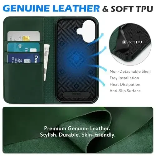 SHIELDON Case for iPhone 16 5G 2024, Haqiqiy charm hamyon RFID blokirovka kartasi uyasi Kickstand Magnit zarba o'tkazmaydigan TPU telefon ushlagichi iPhone 16 6.1