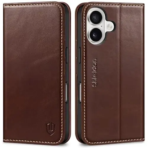 SHIELDON Case for iPhone 16 5G, Genuine Leather Foldable Wallet Magnetic Cover Kickstand RFID Blocking Credit Card Holder Shockproof Phone Case Compatible with iPhone 16 6.1