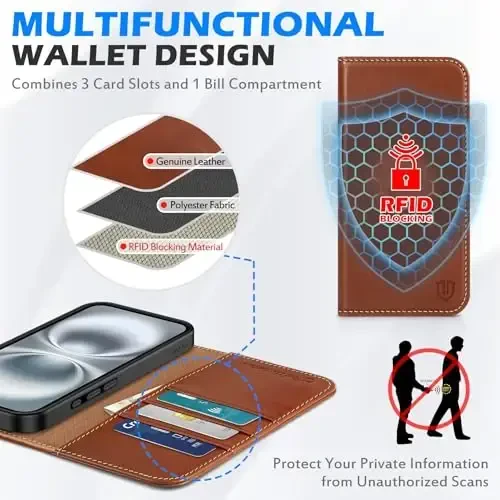 SHIELDON Case for iPhone 16 Plus 5G, Genuine Leather Wallet Foldable Magnetic Cover RFID Blocking Card Holder Kickstand Drop Protection Phone Case Compatible with iPhone 16 Plus 6.7