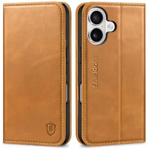 SHIELDON Case for iPhone 16 2024, Genuine Leather Magnetic Folio Wallet [RFID Blocking Credit Card Slots] Kickstand Shockproof Soft Phone Holder Case Compatible with iPhone 16 6.1