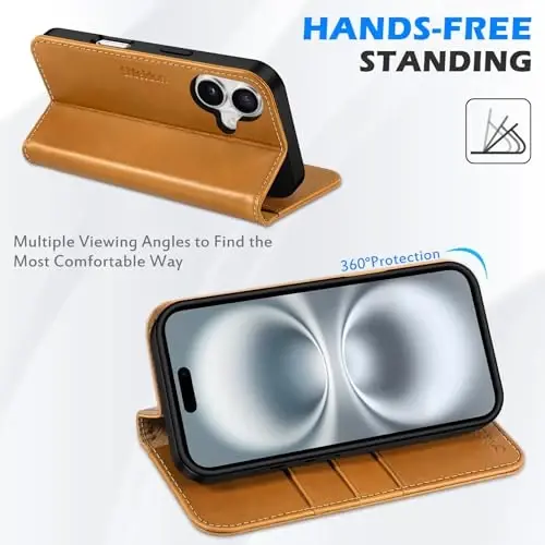 SHIELDON Case for iPhone 16 2024, Genuine Leather Magnetic Folio Wallet [RFID Blocking Credit Card Slots] Kickstand Shockproof Soft Phone Holder Case Compatible with iPhone 16 6.1