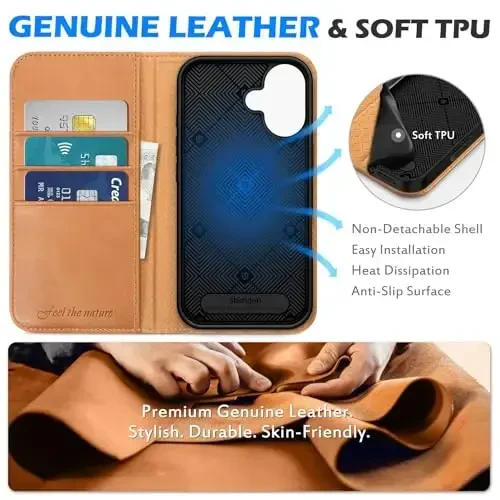 SHIELDON Case for iPhone 16 2024, Genuine Leather Magnetic Folio Wallet [RFID Blocking Credit Card Slots] Kickstand Shockproof Soft Phone Holder Case Compatible with iPhone 16 6.1