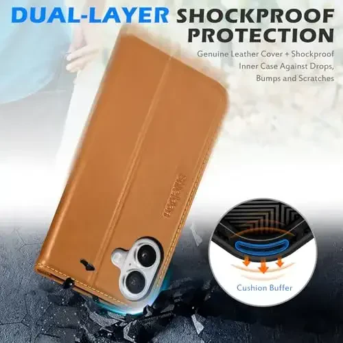 SHIELDON Case for iPhone 16 2024, Genuine Leather Magnetic Folio Wallet [RFID Blocking Credit Card Slots] Kickstand Shockproof Soft Phone Holder Case Compatible with iPhone 16 6.1