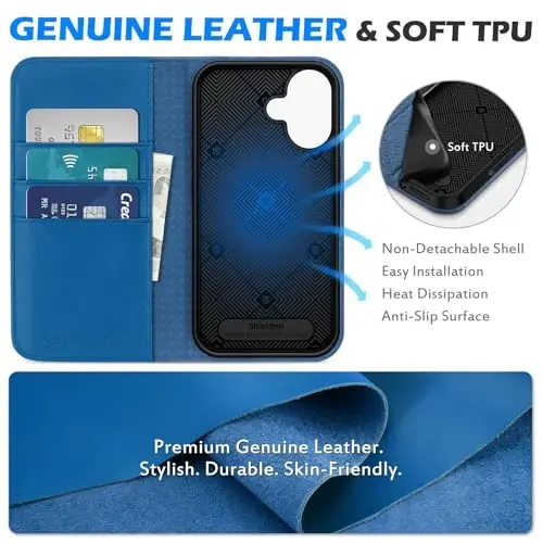 SHIELDON iPhone 16 2024 uchun hamyonli gʻilof, haqiqiy charm folyo gʻilofi, tayanchli, RFID blokirovka kartasi uyalari, magnit zarbga chidamli qopqoq, iPhone 16 5G 6.1