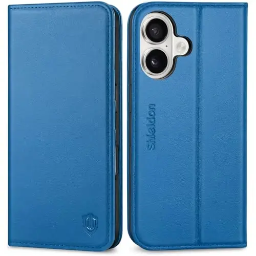 SHIELDON iPhone 16 2024 uchun hamyonli gʻilof, haqiqiy charm folyo gʻilofi, tayanchli, RFID blokirovka kartasi uyalari, magnit zarbga chidamli qopqoq, iPhone 16 5G 6.1