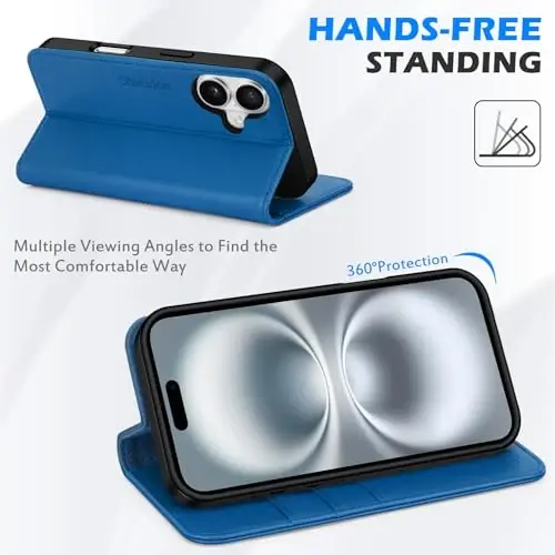 SHIELDON iPhone 16 2024 uchun hamyonli gʻilof, haqiqiy charm folyo gʻilofi, tayanchli, RFID blokirovka kartasi uyalari, magnit zarbga chidamli qopqoq, iPhone 16 5G 6.1