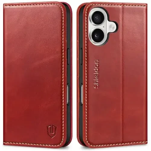 SHIELDON Case for iPhone 16 5G 2024, Genuine Leather Foldable Wallet Case Magnetic Closure Kickstand RFID Blocking Card Holder Shock-Absorbent Phone Cover Compatible with iPhone 16 6.1