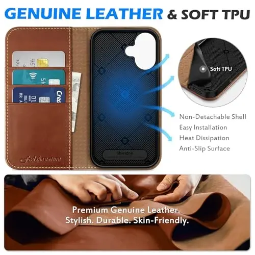 SHIELDON iPhone 16 5G (6.1 inç) için Kılıf, Hakiki Deri Cüzdan Kılıfı, Manyetik Kapanış, RFID Engelleme, Kredi Kartı Tutuculu, Ayaklıklı, TPU Darbeye Dayanıklı Kılıf, iPhone 16 2024 ile Uyumludur - Retro Kahverengi - SHIELDON (1)