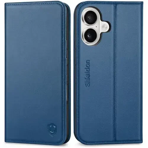 SHIELDON Case for iPhone 16 5G, Genuine Leather Wallet Case Magnetic RFID Blocking Card Holder Kickstand Shockproof Protection Cover Compatible with iPhone 16 6.1