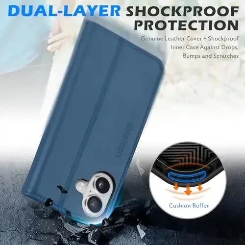 SHIELDON Case for iPhone 16 5G, Genuine Leather Wallet Case Magnetic RFID Blocking Card Holder Kickstand Shockproof Protection Cover Compatible with iPhone 16 6.1