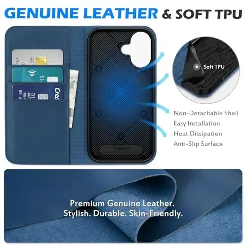 SHIELDON Case for iPhone 16 5G, Genuine Leather Wallet Case Magnetic RFID Blocking Card Holder Kickstand Shockproof Protection Cover Compatible with iPhone 16 6.1