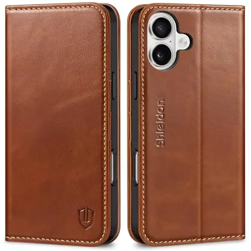 SHIELDON Case for iPhone 16 Plus 5G, Genuine Leather Wallet Foldable Magnetic Cover RFID Blocking Card Holder Kickstand Drop Protection Phone Case Compatible with iPhone 16 Plus 6.7