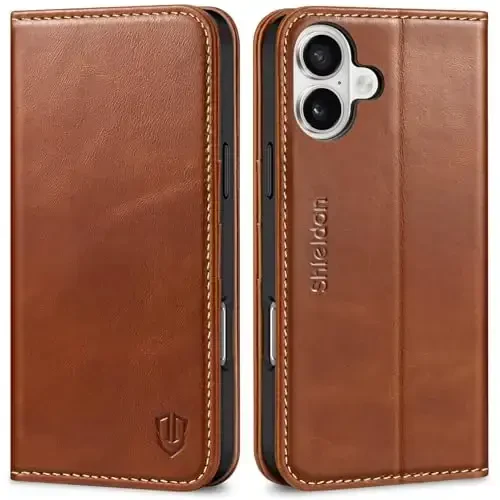 SHIELDON iPhone 16 Plus 5G uchun g‘ilof, haqiqiy charm hamyon buklama magnit qopqoq RFID blokirovka kartasi ushlagichi tayanchga ega tushishdan himoya qiluvchi telefon g‘ilofi iPhone 16 Plus 6.7