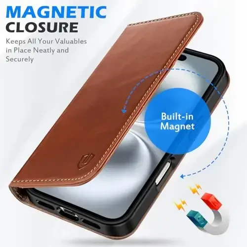 SHIELDON iPhone 16 Plus 5G uchun g‘ilof, haqiqiy charm hamyon buklama magnit qopqoq RFID blokirovka kartasi ushlagichi tayanchga ega tushishdan himoya qiluvchi telefon g‘ilofi iPhone 16 Plus 6.7